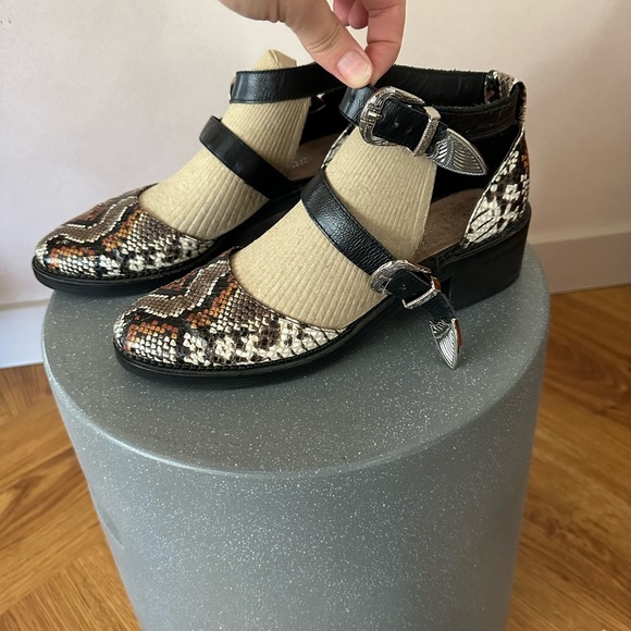 Black and Brown Snakeskin Print Flats with Buckle Straps - Picture 3 of 6